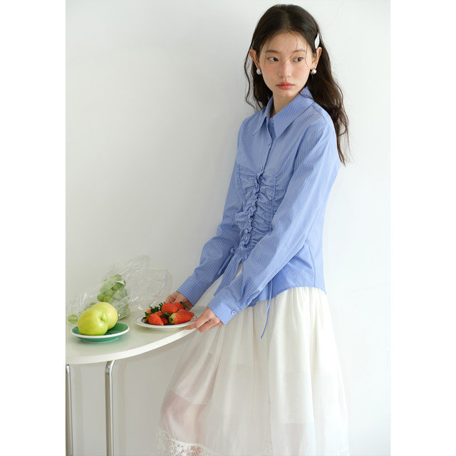 BLUEerror waist-hugging and slimming unique drawstring white striped long-sleeved shirt for women in summer