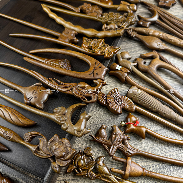 Original new Chinese style golden sandalwood U-shaped hairpin cute cat hairpin hairpin for women ancient style cheongsam and Hanfu headwear