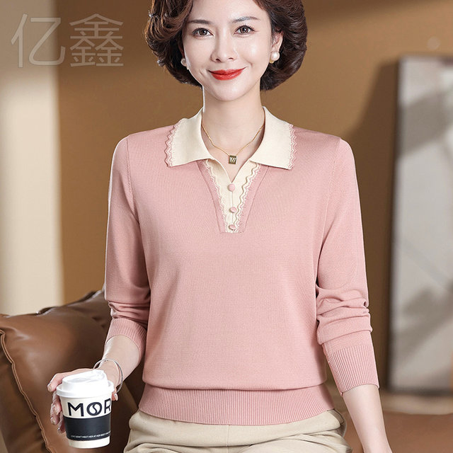
Mom autumn lapel sweater T-shirt top fashionable middle-aged and elderly women's long-sleeved thin sweater base shirt