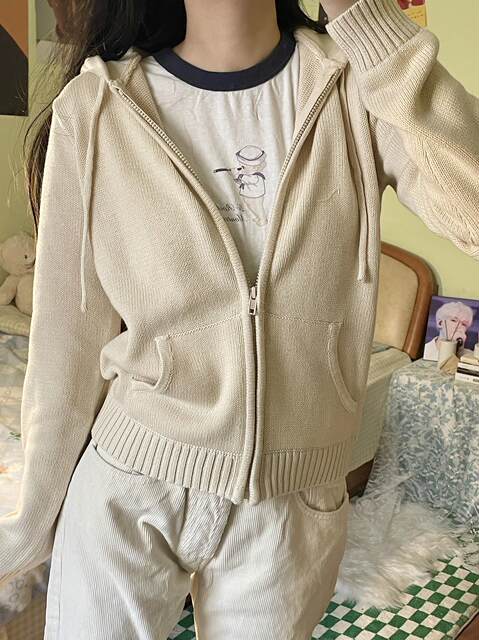 Brandy Baby spring beige hooded zipper knocking cardigan female BM loose sweater coat Shizuka same model