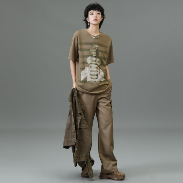 U/TI military green ceramic printed art T-shirt women's clothing simple loose diamond short-sleeved Youti 2025 spring new style