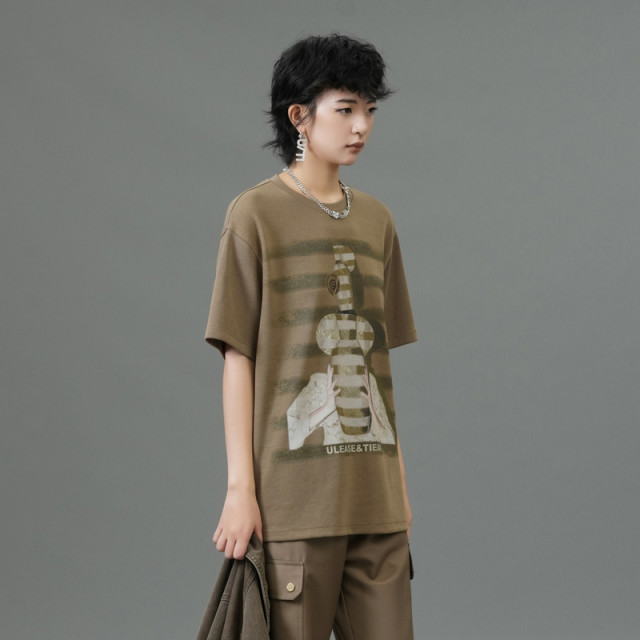U/TI military green ceramic printed art T-shirt women's clothing simple loose diamond short-sleeved Youti 2025 spring new style
