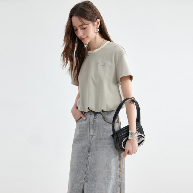 Gray green flower bud short-sleeved T-shirt base shirt KBNE2025 summer new versatile design round neck top for women