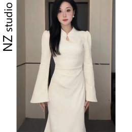 New Chinese style national wind clasp flag robe dress spring new New Year robe temperament waist fishtail dress