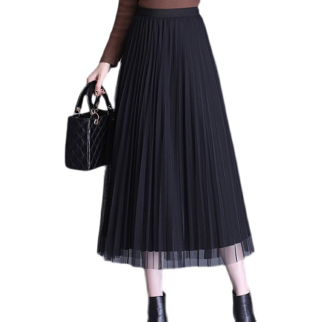 Large size mesh skirt autumn and winter fat m drape high waist pleated skirt mid-length a line fairy pleated black gauze skirt
