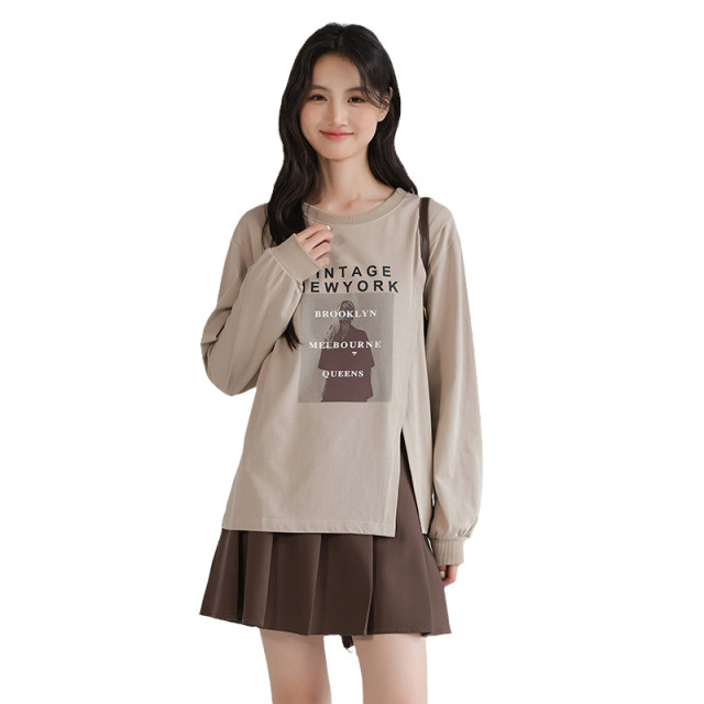 Lan Ruoshui large-size women's clothing design sense slit printed sweatshirt fat mm autumn new belly covering top