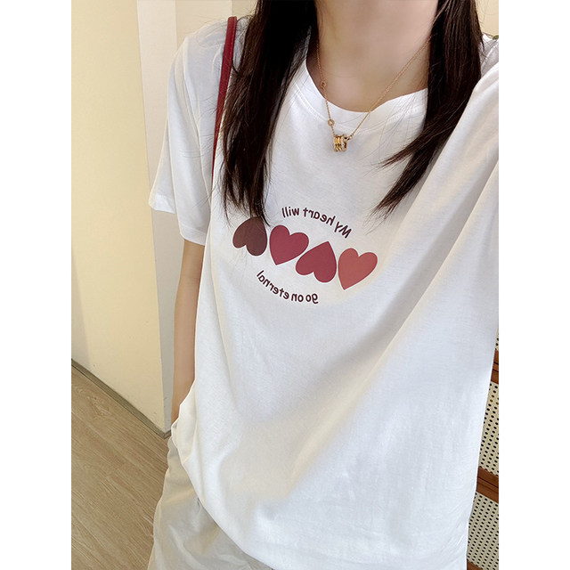 Lan Ruoshui large size women's sweet age reduction love print T -shirt is thin and lean mm summer clothing covered with loose belly