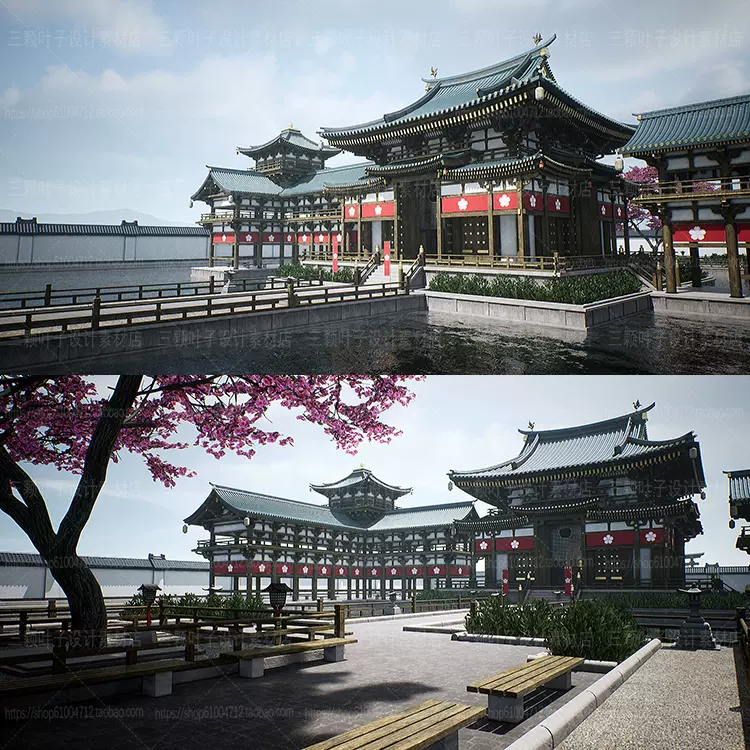 Ue4凤凰神殿3d场景模型和风寺庙神社鸟居围墙樱花游戏cg素材