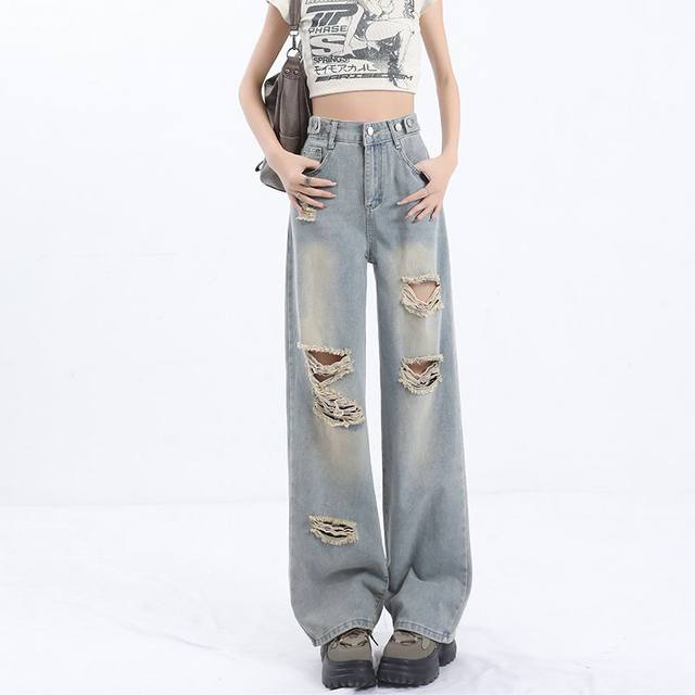 La Chapelle Puella high waist wide-leg jeans for women 2025 new loose slimming ripped straight-leg pants