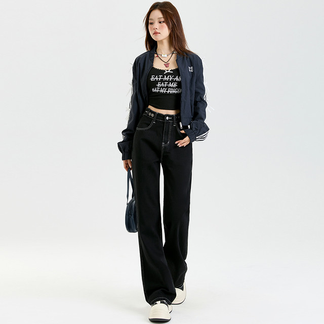 La Chapelle Puella Denning Black Straight Jeans for Women in Winter High Waist Narrow Wide Legs Slim Pants