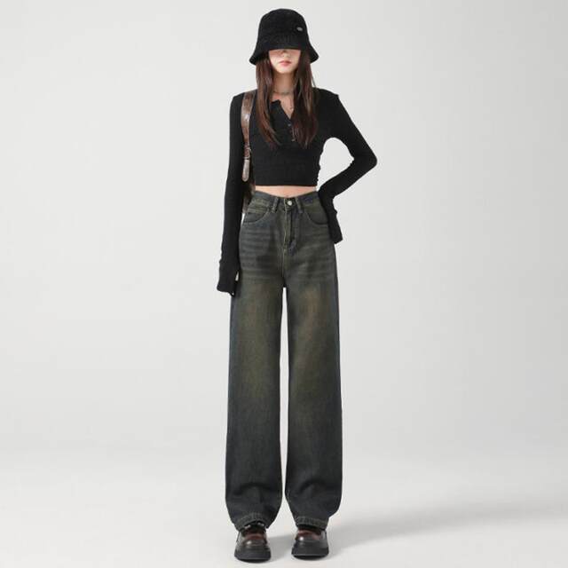 La Chapelle Puella 2024 autumn and winter new red straight jeans plus velvet warm loose pants for women