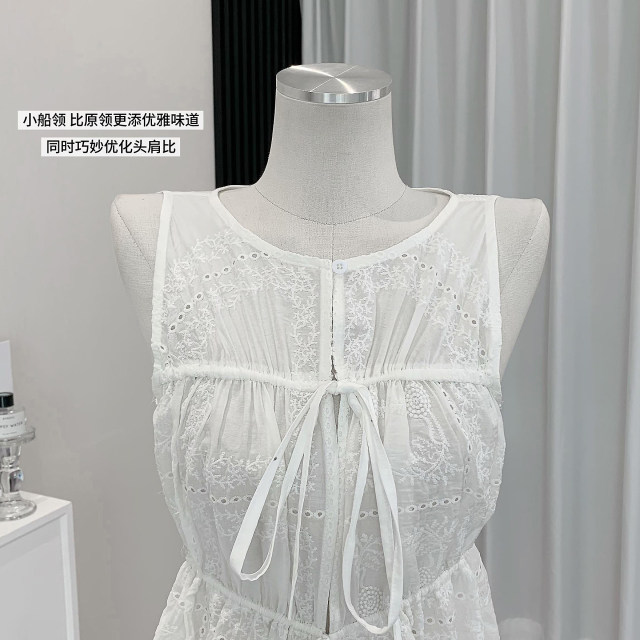 Madou/embroidery Hyde Manor_Elegant Boat Collar Heavy Industry Drawstring Embroidered Vest Lace Top for Women