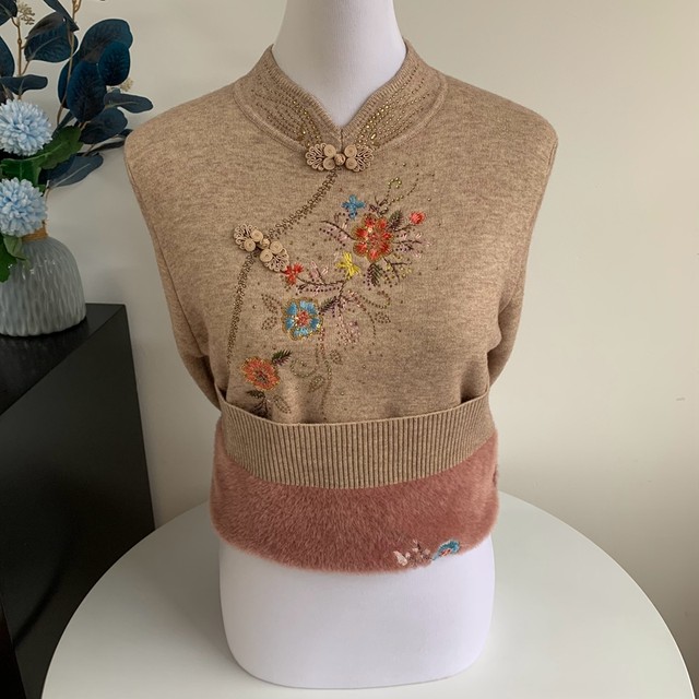 National style autumn and winter middle-aged and elderly grandmother's outfit plus velvet thickened sweater and sweater loose cheongsam collar mother's short top