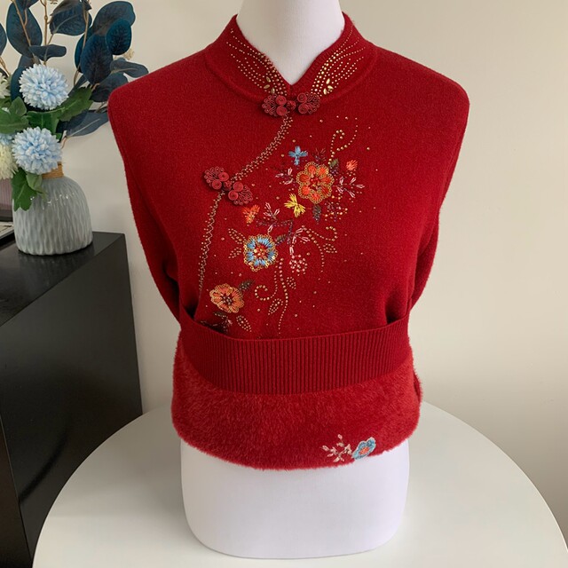 National style autumn and winter middle-aged and elderly grandmother's outfit plus velvet thickened sweater and sweater loose cheongsam collar mother's short top