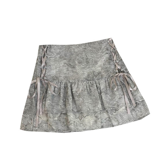 Design versatile side strap bow high waist ink printed ruffle cake skirt skirt short skirt women