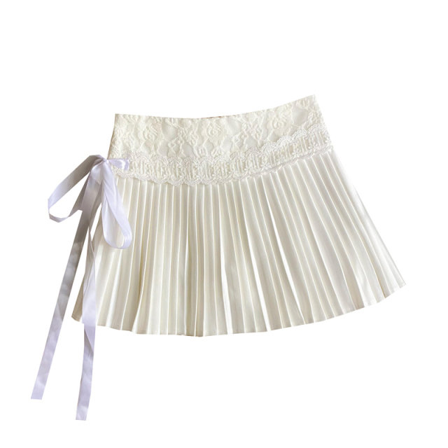 Sweet design lace spliced ​​side laces high waist slim pleated skirt short skirt for women spring and summer new style