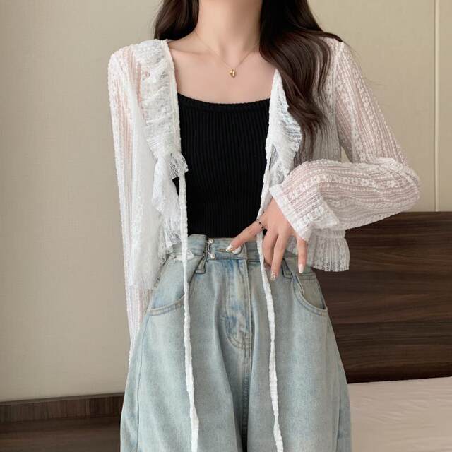 Lace sunscreen cardigan for women, summer thin suspender skirt, blouse, small waistcoat, long sleeves, short shawl jacket