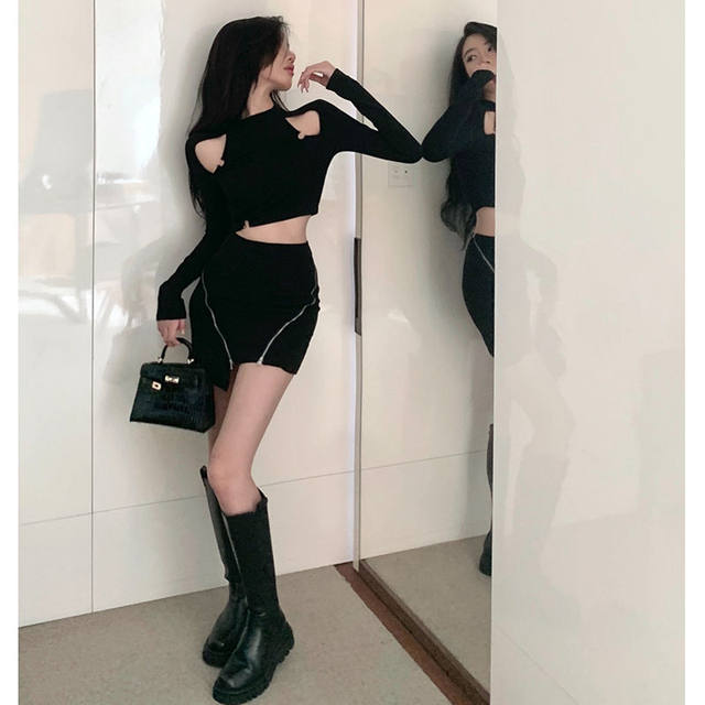 2025 spring hot girl style short motorcycle suit leather jacket contrast leather jacket women zipper skirt two-piece set
