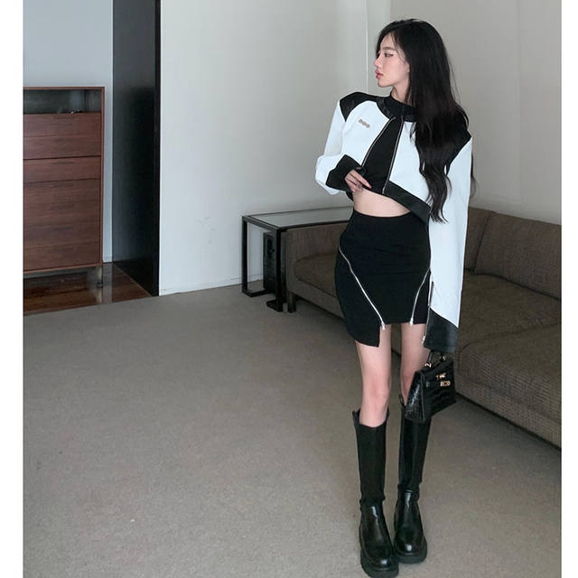 2025 spring hot girl style short motorcycle suit leather jacket contrast leather jacket women zipper skirt two-piece set
