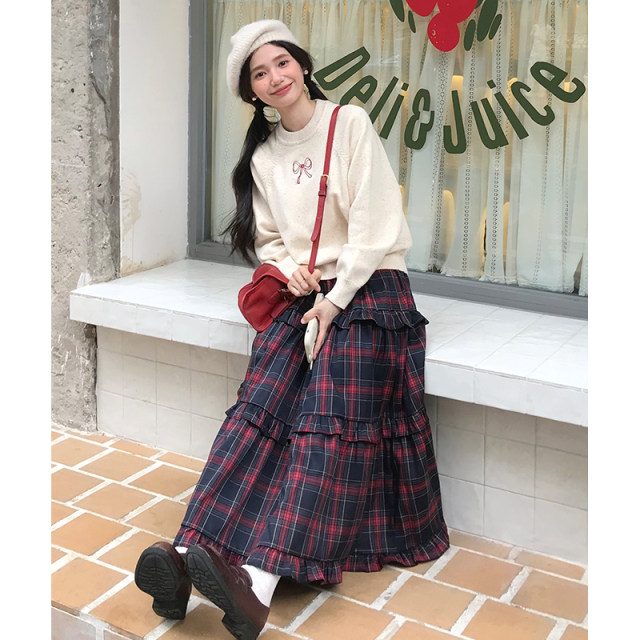 Multiple pieces and folds ~ French spliced ​​skirt cake skirt sweet retro high waist mid-length skirt versatile autumn and winter new
