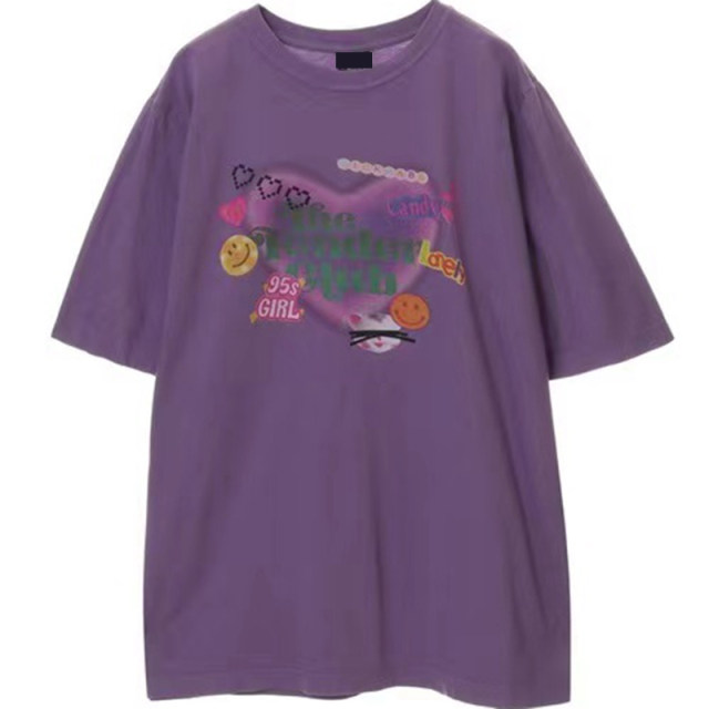 American retro love letters niche purple T-shirt for women short-sleeved loose slim heavy pure cotton round neck summer big tee
