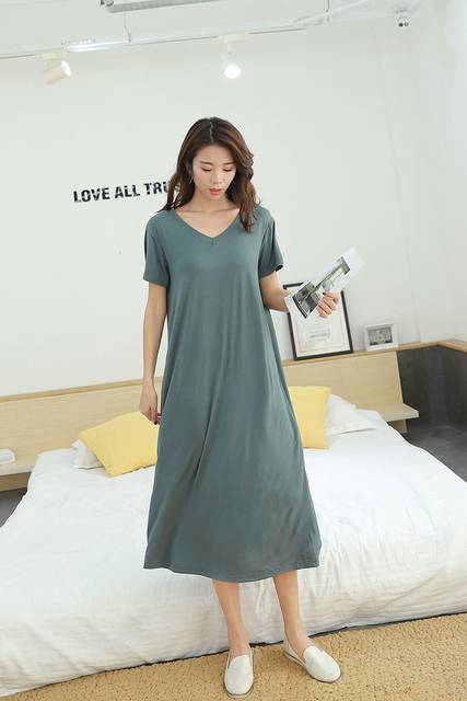 Summer large size Modal short -sleeved dress female new V -neck base pregnant women skirt loose casual long skirt