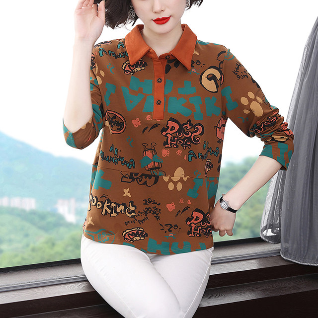 2025 spring and autumn new pure cotton long-sleeved T-shirt for women, middle-aged and elderly mothers polo shirt fashionable top base shirt