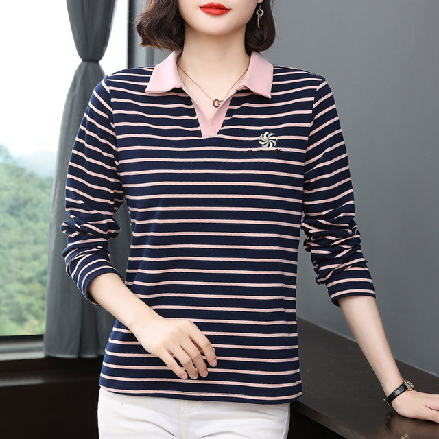 Mom Spring and Autumn Clothing 2025 new autumn clothes wear pure cotton long-sleeved T-shirt for women, middle-aged and elderly tops polo base shirt
