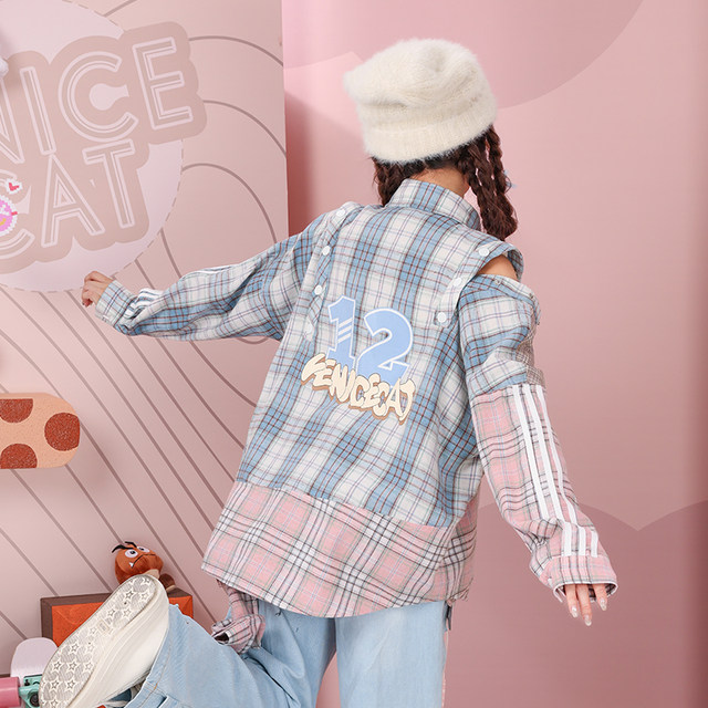 Spring girl bow off-shoulder tie sports style printed letters American style loose fur plaid color block shirt