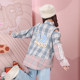 Spring girl bow off-shoulder tie sports style printed letters American style loose fur plaid color block shirt