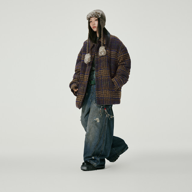 NMAX large-size trendy men's winter new tweed jacket plaid down jacket takes into account both temperament and temperature