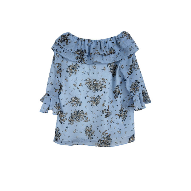 Pull series counter genuine lady ruffled floral flared sleeve chiffon shirt for women summer 20014032
