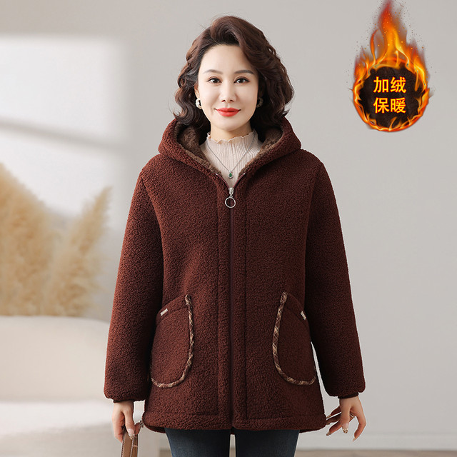 
Mom's winter grain velvet coat plus fat plus velvet thickened cotton coat middle-aged and elderly women's lamb velvet cardigan top