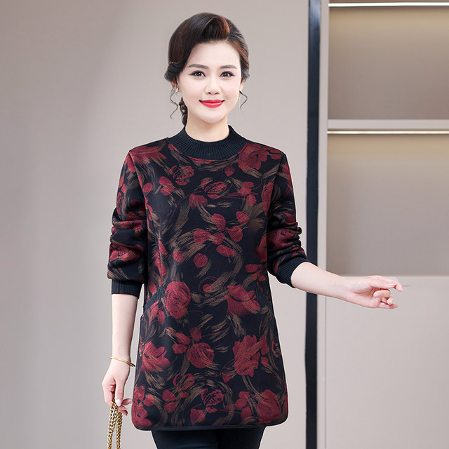 
Fat Mom Sweater Autumn and Winter Plus Velvet Long Sleeve Middle-aged and Old Women Plus Size Large Size Bottoming Shirt Middle-aged Warm Thick Top