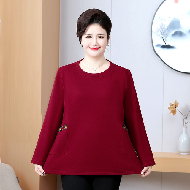 Middle -aged and elderly people keep the top and velvet thick long -sleeved autumn and winter sweater plus large size fat mother bottoming shirt
