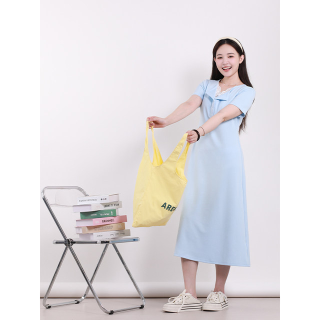 
Xia Dada Large Size Women's Clothing Lace-edged Short Sleeve Waist Dress New Short Sleeve V-neck Mid-Long Skirt Women's Dress