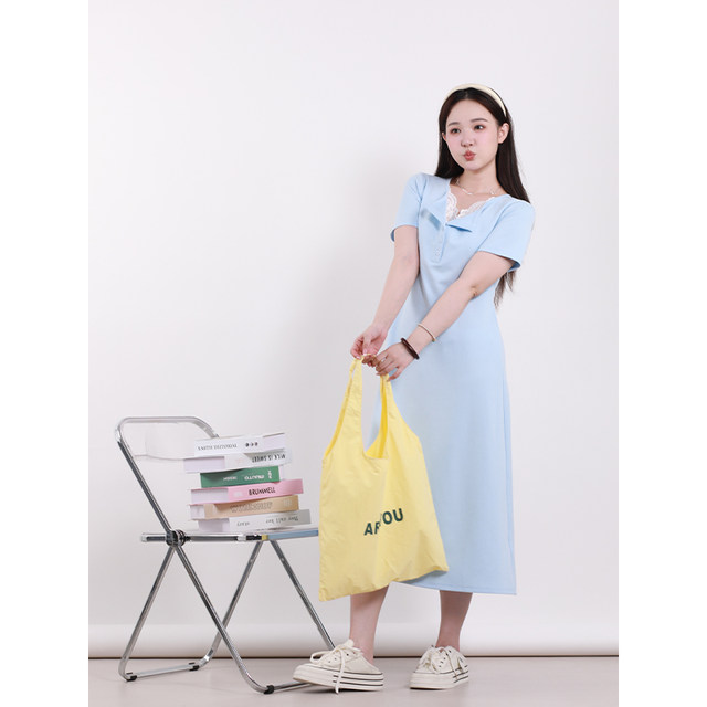 
Xia Dada Large Size Women's Clothing Lace-edged Short Sleeve Waist Dress New Short Sleeve V-neck Mid-Long Skirt Women's Dress