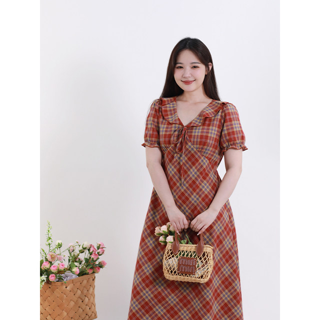 
Summer big size women's clothing red plaid sleeveless dress French temperament V-neck design pear-shaped midi skirt
