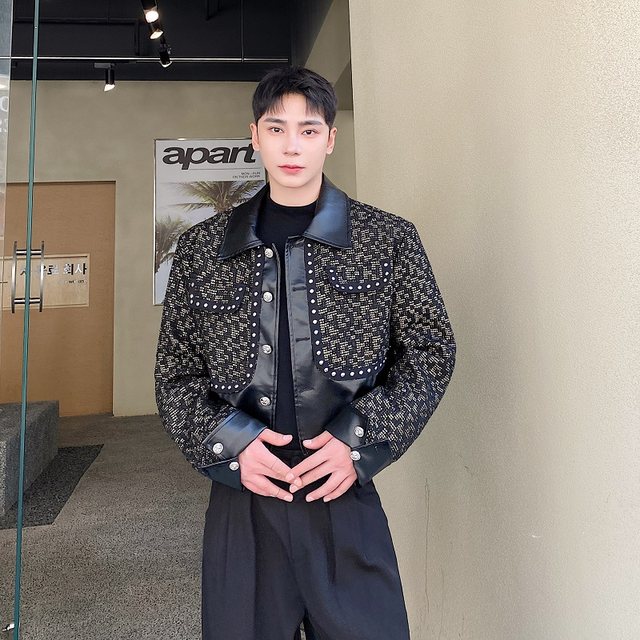 Autumn fashion retro dark PU leather splicing design casual jacket high ...