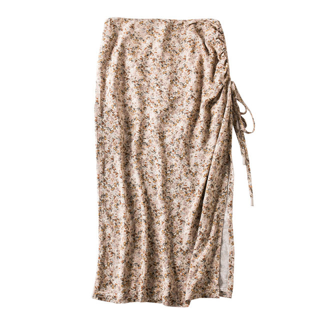 Side pleated pumping tie side split retro small shattered long A -shaped thin half skirt bag hip skirt female summer
