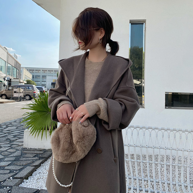 Hooded double-sided cashmere coat for women mid-length spliced ​​leather cloak autumn and winter new small wool coat for women