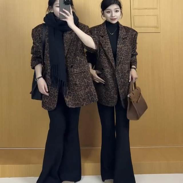 2024 Autumn New European High-end Retro Leopard Print Suit Jacket Women's Loose Casual and Versatile Suit Top