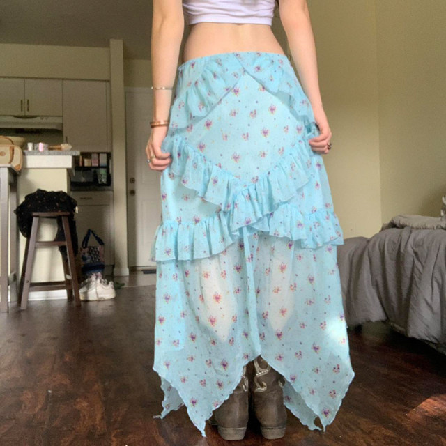 Amyway retro floral mesh skirt for women with high waist slimming irregular A-line long skirt