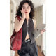 Gray double-zipper round neck slim knitted vest for women design slim and slim sweet and cool contrasting sleeveless top