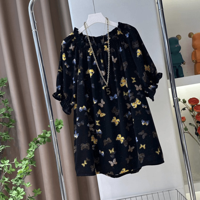 Ethnic style fashionable and versatile floral tops in summer loose and slim one-length temperament casual floral print short sleeves
