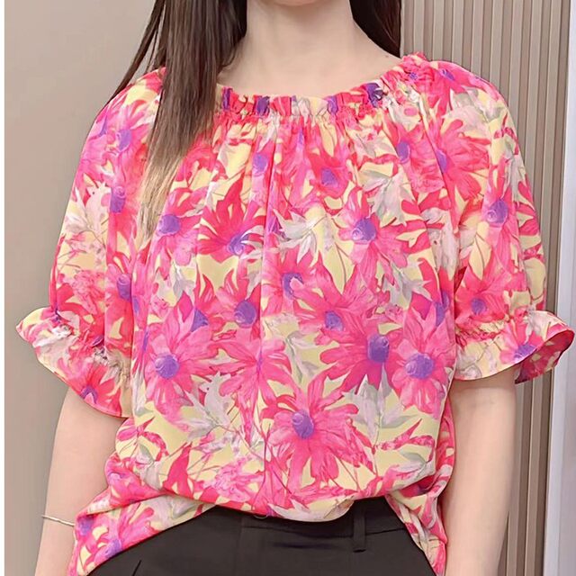 Large size women's lotus leaf sleeves one-length neck two-sleeved fashionable shirt for summer loose slim round neck versatile shirt