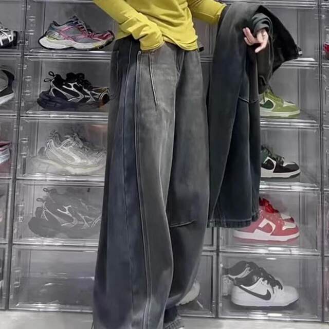 Thickened vintage straight jeans for women in autumn and winter large size fat MM loose slim scimitar wide-leg floor pants