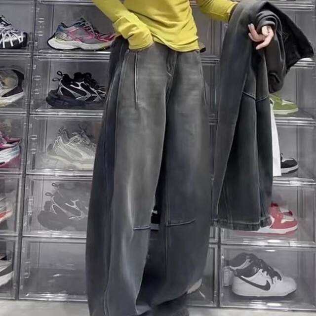 Thickened vintage straight jeans for women in autumn and winter large size fat MM loose slim scimitar wide-leg floor pants