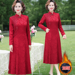 Middle-aged mom winter fluff-up thick basecoat big woman wedding wedding dress with one-piece flannel cheongsam dress