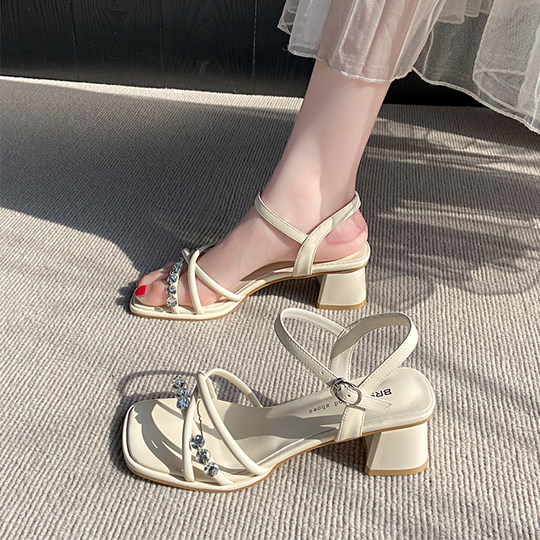 French rhinestone sandals for women in summer 2025 new fashion women's open toe with skirt thick heels strap high heels